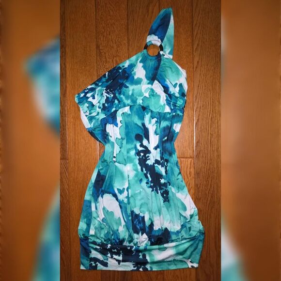 ​Y2K Charlotte Russe Blue Green Floral One Shoulder Ring Top - Picture 1 of 4